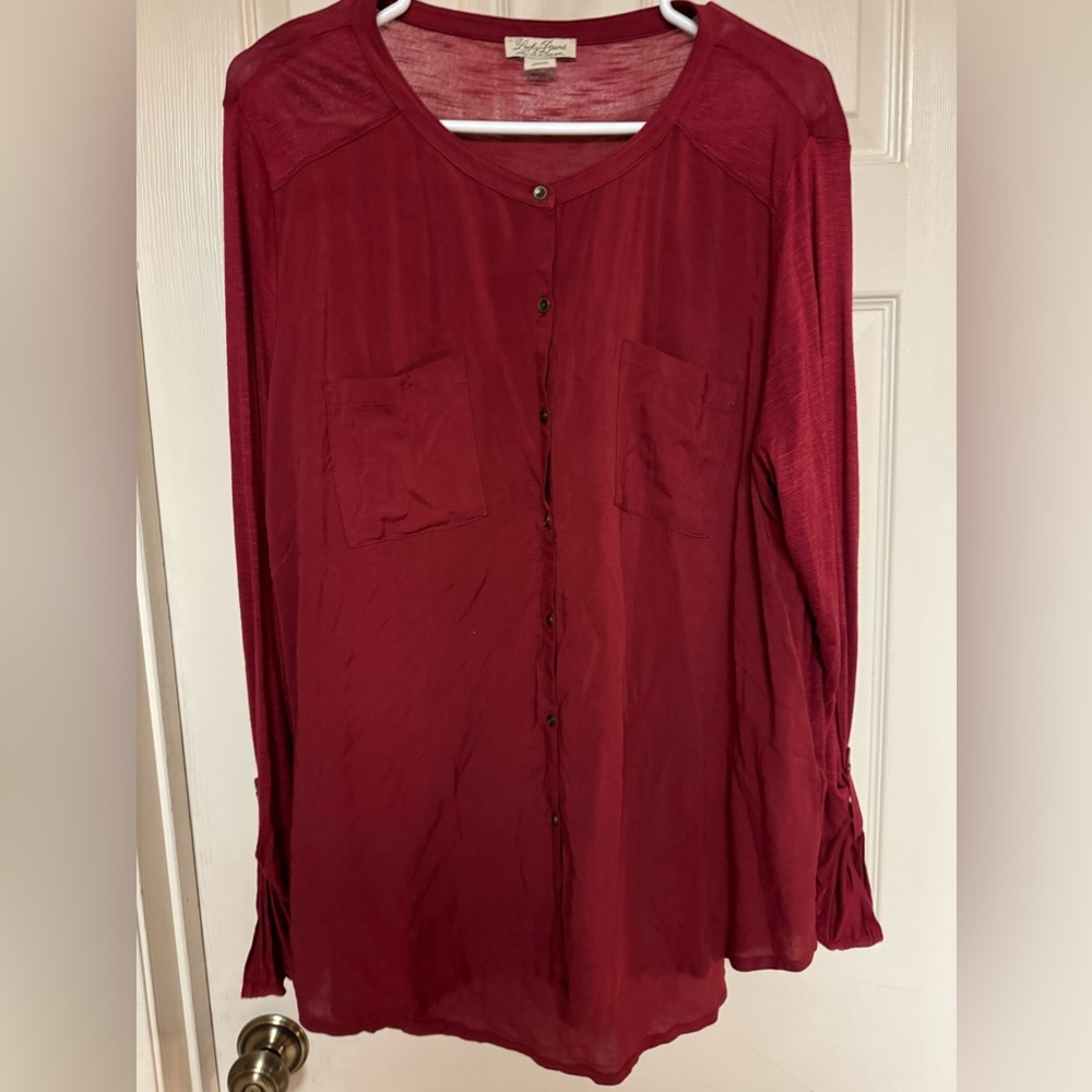 Women’s dark red, Lucky Brand, Live in Love, button down tunic blouse. XL.